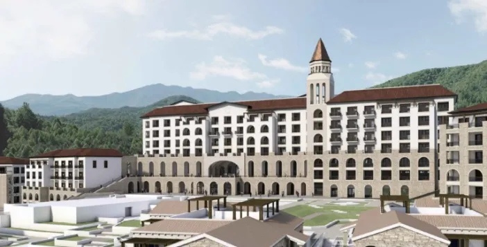 Arhitektonski render glavnog hotela u luksuznom resortu Pržno na Plavim horizontima, Crna Gora