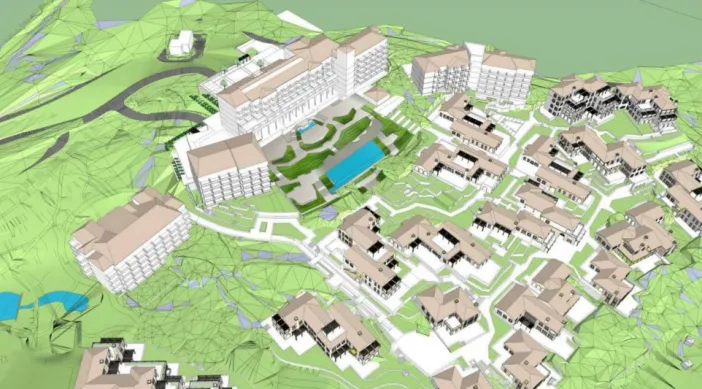 Aerial prikaz urbanističkog plana resorta Pržno, raspored vila, hotela i bazena