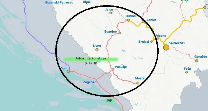 Mapa plinovoda Južna interkonekcija kroz Hrvatsku i BiH