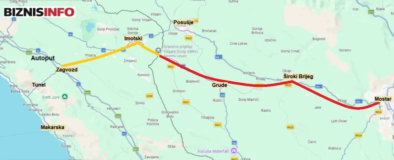 Historijski projekt: Hercegovina i Dalmacija postaju jedna cjelina Mapa koja pokazuje položaj nove ceste kroz Hercegovinu od Mostara do granice s Hrvatskom koja je u izgradnji, kao i povezanu novu cestu koja se planira graditi na hrvatskoj strani