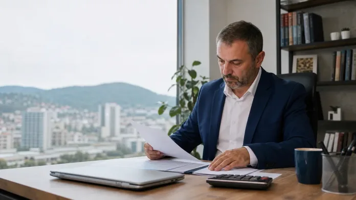 featured-kako-provjeriti-pdv-broj-u-bih Poslovni čovjek pregledava dokumente i kalkulator prije provjere PDV podataka