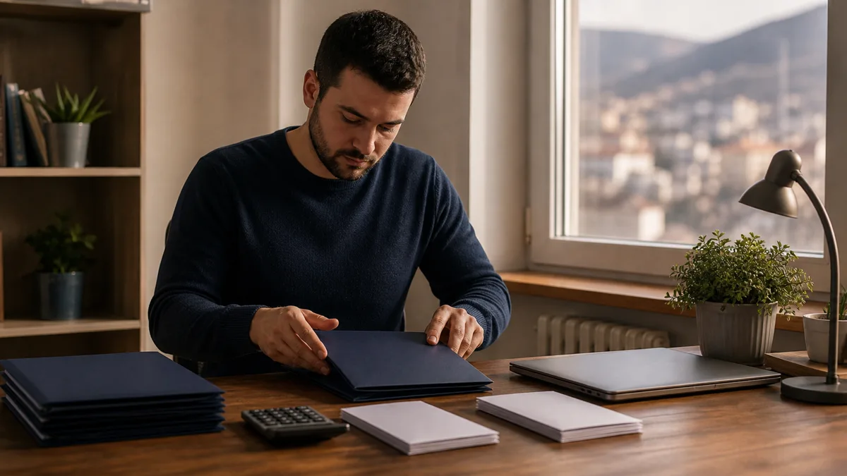 Porez na dohodak u BiH: vodič za radnike, freelancere i obrtnike Freelancer u kućnom uredu provjerava uredno složene fascikle i dokumentaciju bez vidljivog teksta