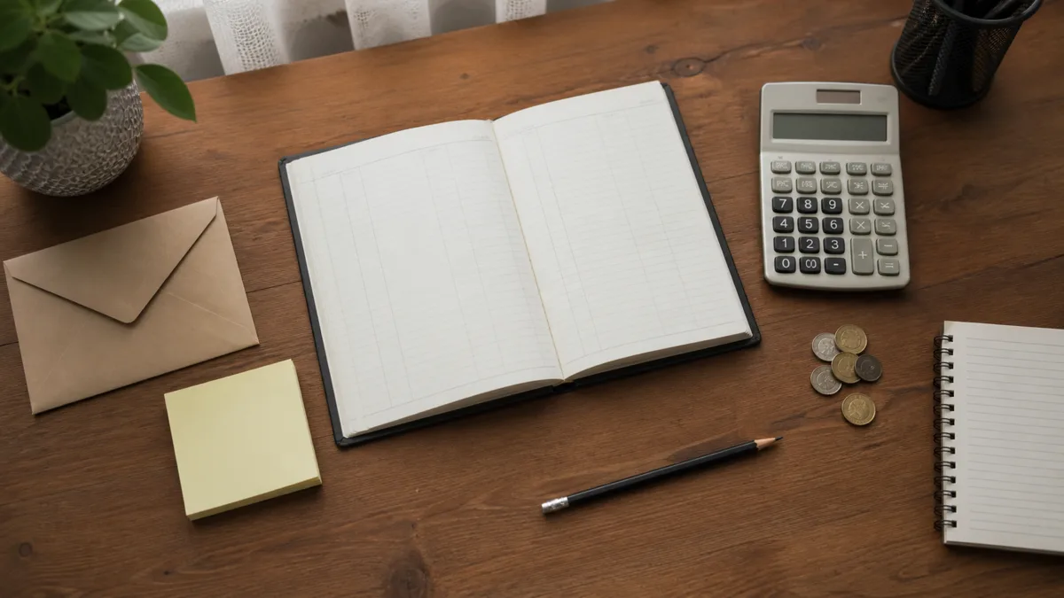 Prazna knjiga evidencije, kalkulator i materijali za finansijski plan na stolu