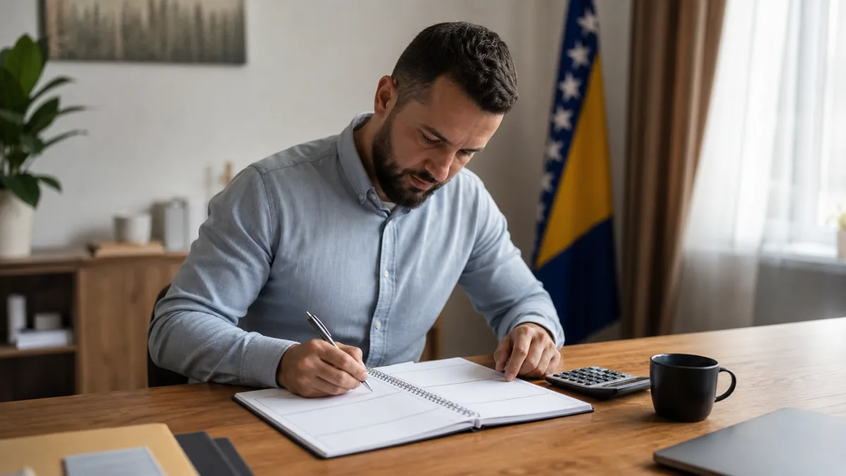 Poduzetnik ispunjava prazan predložak biznis plana uz kalkulator