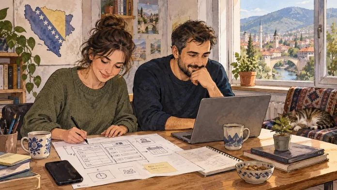 Ilustracija malog tima koji razvija prvu verziju SaaS aplikacije.